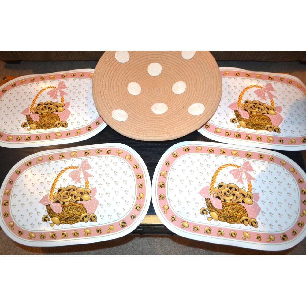 Vintage Cottage Core Placemats & Center of Table Decor Mushrooms Woven with Dots